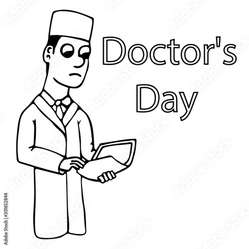white young cartoon doctor holding a folder with a case history for doctors day. isolated outline vector illustration