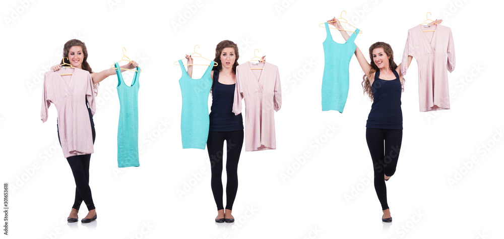 Obraz premium Woman trying new clothing on white