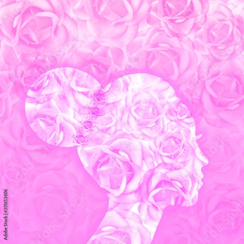 pink rose background Female silhouette for a greeting card.