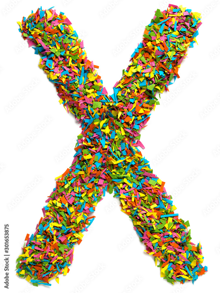 Colourful capital english letter X made of confetti isolated on white background Colourful capital english letter X made of confetti isolated on white background