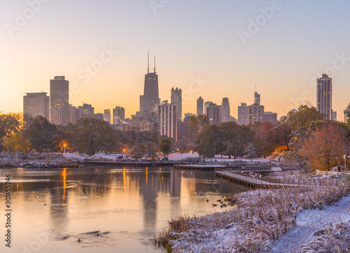 Chicago downtown skyline Lincoln Park sunrise morning pond snow