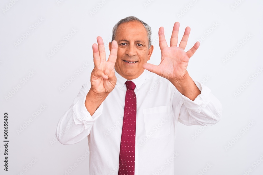 Senior grey-haired businessman wearing elegant tie over isolated white background showing and pointing up with fingers number eight while smiling confident and happy. Senior grey-haired businessman wearing elegant tie over isolated white background showing and pointing up with fingers number eight while smiling confident and happy.