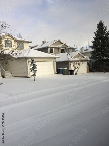 Houses in the snow. Winter morning