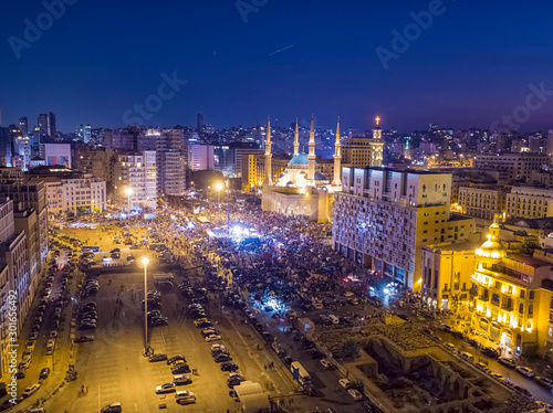 Aerial Night shot of Beirut Downtown  Lebanon during protest against Government  Lebanese revolution 