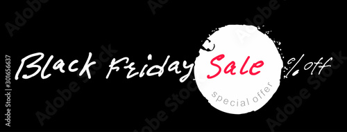 Handwritten horizontal web banner Black Friday. White felttip pen written inscriptions on a black background. Abstract vector black friday sale layout background.  photo