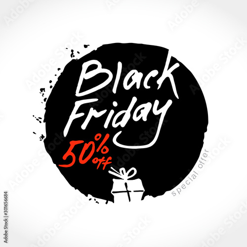 Handwritten vector Black Friday sale template. Stylish round black friday pattern. 50 percent discount. photo