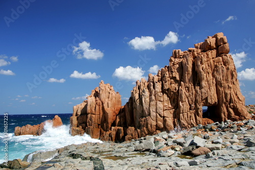 View of Red Rocks, red cliffs called "Rocce Rosse" in Arbatax, Sardinia