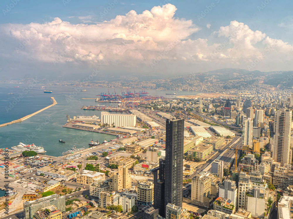 Naklejka premium Aerial view of Beirut city, Lebanon; Drone shot of beirut & Port of beirut 