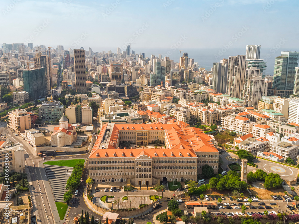 Obraz premium Aerial View of Beirut Lebanon, City of Beirut, Beirut cityscape; Grand Serail ,headquarters of the Prime Minister of Lebanon 