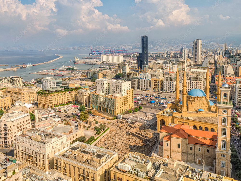Obraz premium Aerial drone shot of Beirut downtown, Lebanon ; Martyrs' Square and Beirut port aerial drone shot