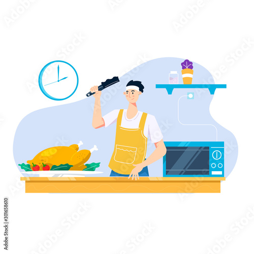 Young man cooking for a Thanksgiving dinner or supper. Colorful vector flat illustration cartoon style.