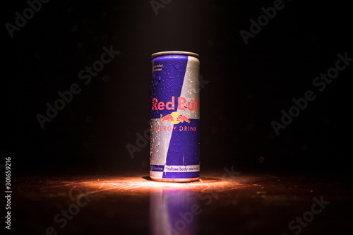 Baku Azerbaijan April 18 Red Bull Classic 250 Ml Can On Dark Toned Foggy Background Red Bull Is An Energy Drink Sold By Austrian Company Stock Photo Adobe Stock