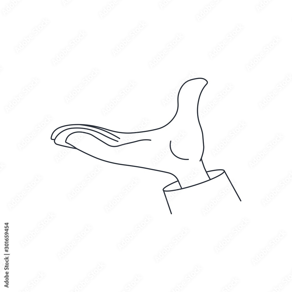 Open hand. Gesture. Offer. Vector linear icon on a white background. Open hand. Gesture. Offer. Vector linear icon on a white background.
