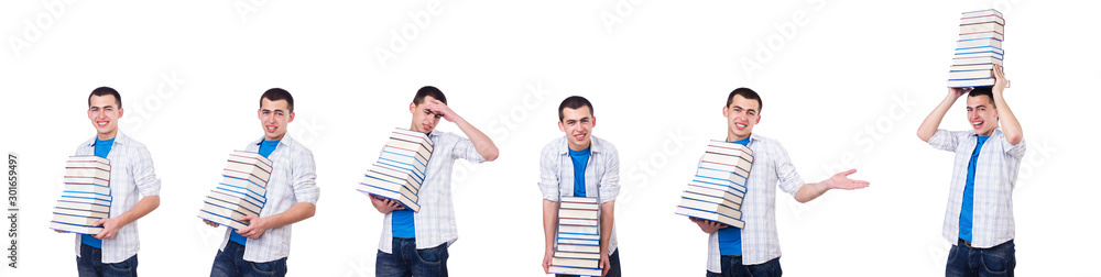 Student with lots of books on white Student with lots of books on white