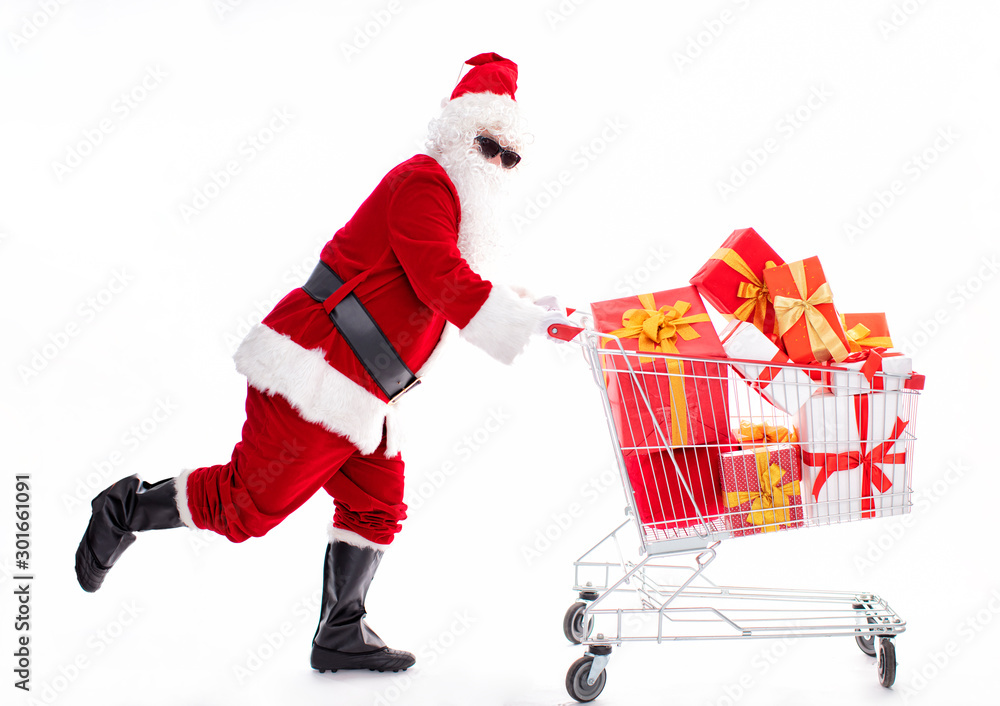 Happy Santa Claus with Christmas shopping cart Happy Santa Claus with Christmas shopping cart