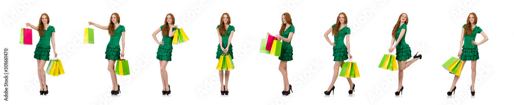 Woman after shopping isolated on white