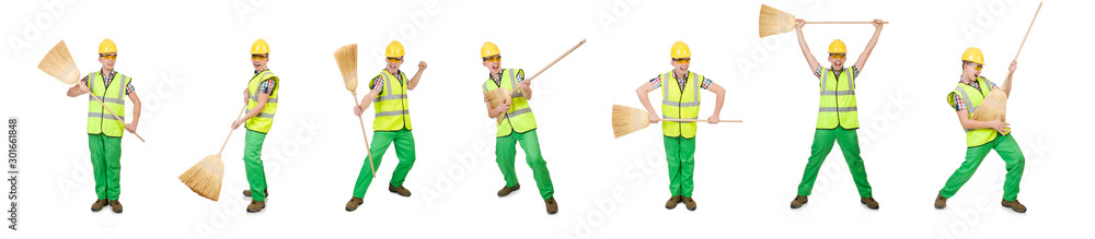 Funny janitor with broom isolated on white Funny janitor with broom isolated on white