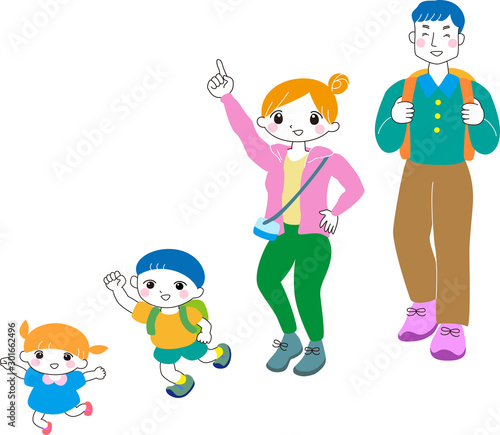 ハイキング　家族　4人セット　笑顔　表情　夫婦　子ども　カラフル　スタイリッシュ