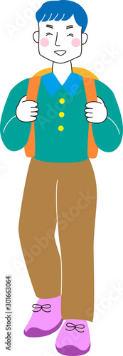 おしゃれ　男性　リュック　歩く　笑顔