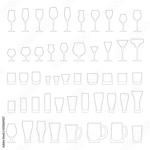 Vector illustration of alcohol glassware line icons. Fully editable 50 empty glasses for wine, beer, whisky, cognac and other alcohol drinks. Different types of stemwares, beakers and mugs isolated.