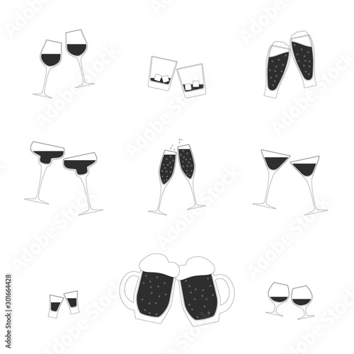 Vector toasting glasses set. Fully editable 9 pairs of clinking glasses with champagne, wine, beer, whisky, cognac and other. Isolated glasswares for cards design and your other own projects.