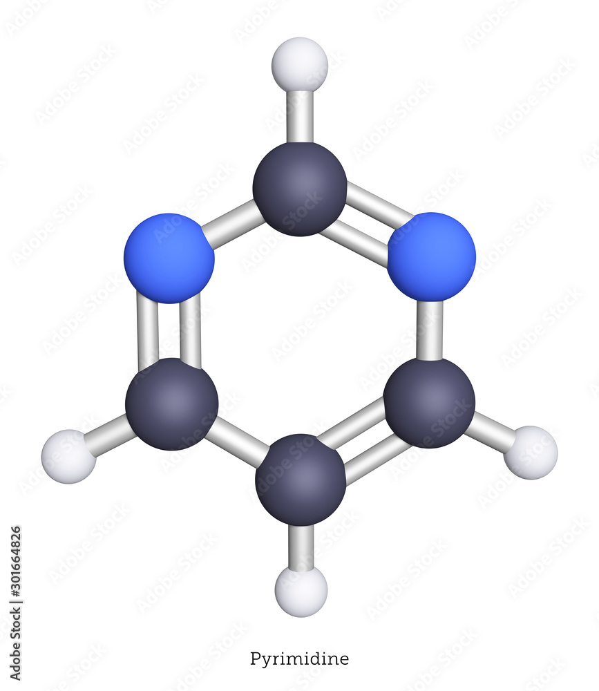 Pyrimidine is an aromatic heterocycle, shown here as a 3d illustration. Three of the DNA/RNA nucleobases are pyrimidine derivatives: cytosine, thymine and uracil. Pyrimidine is an aromatic heterocycle, shown here as a 3d illustration. Three of the DNA/RNA nucleobases are pyrimidine derivatives: cytosine, thymine and uracil.