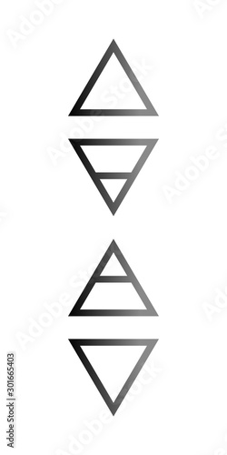 Alchemical symbols of the four elements. Magic monochrome icons of air, water, fire and earth in the style of triangles. Set of vector logos