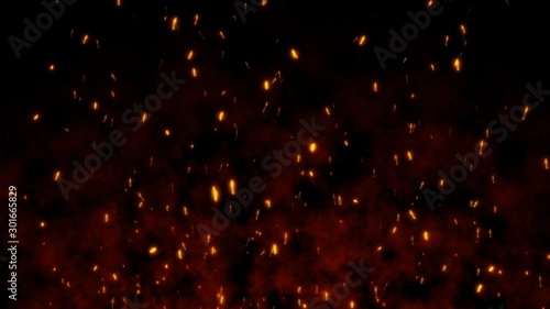 Burning red hot flying sparks fire in the night sky. Beautiful abstract background flying on black background.