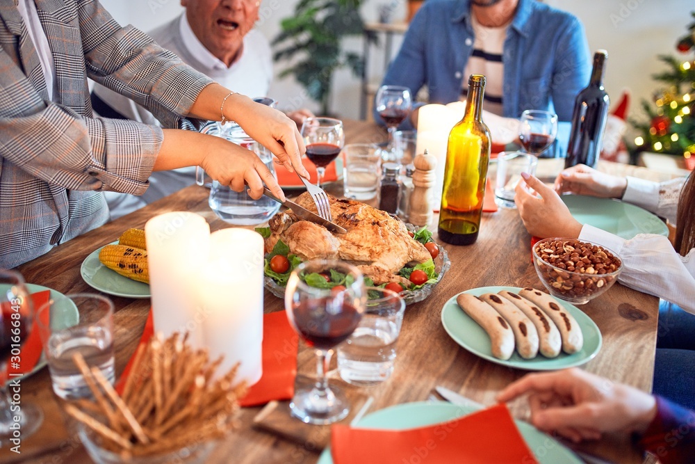 Beautiful family meeting smiling happy and confident. Carving roasted turkey celebrating Christmas at home Beautiful family meeting smiling happy and confident. Carving roasted turkey celebrating Christmas at home