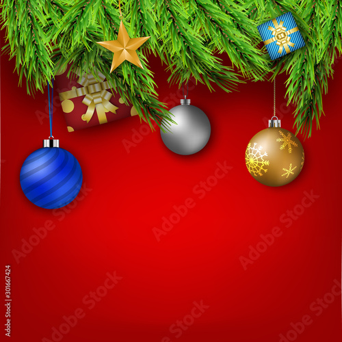 red christmas background wth christmas decoration. vector illustration	