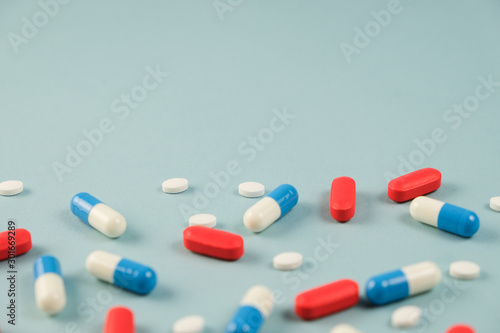 medicine pattern on bright blue background. modern pharmacy