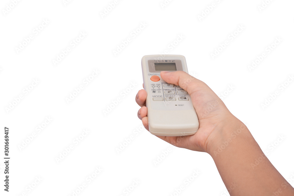 Mockup woman hand holding and pressing air remote control on white background. Clipping path. Mockup woman hand holding and pressing air remote control on white background. Clipping path.