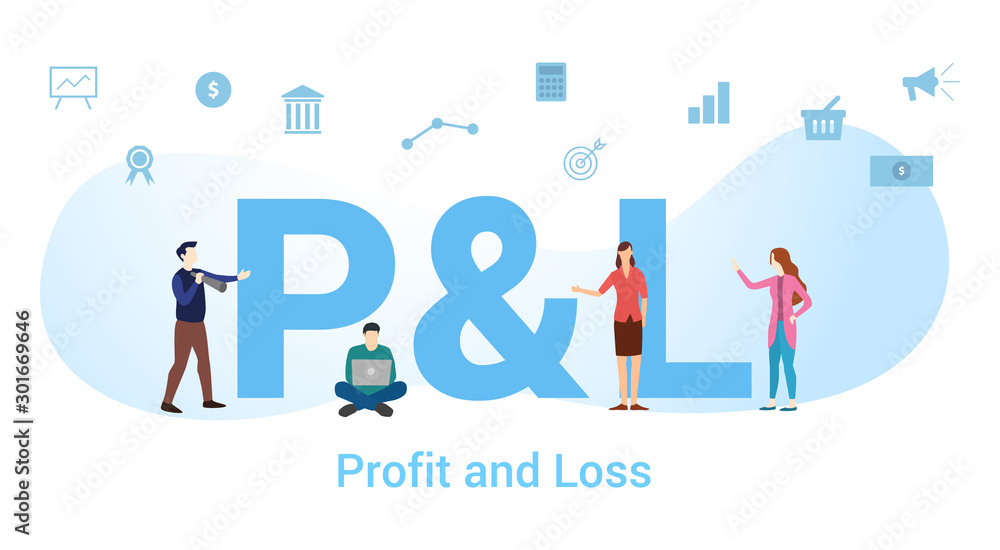p&l profit and loss concept with big word or text and team people with modern flat style - vector p&l profit and loss concept with big word or text and team people with modern flat style - vector