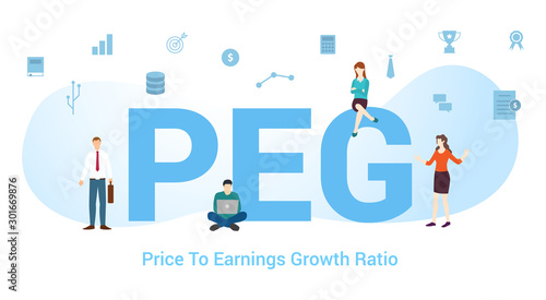 peg price to earnings growth ratio concept with big word or text and team people with modern flat style - vector