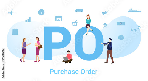 po purchase order concept with big word or text and team people with modern flat style - vector
