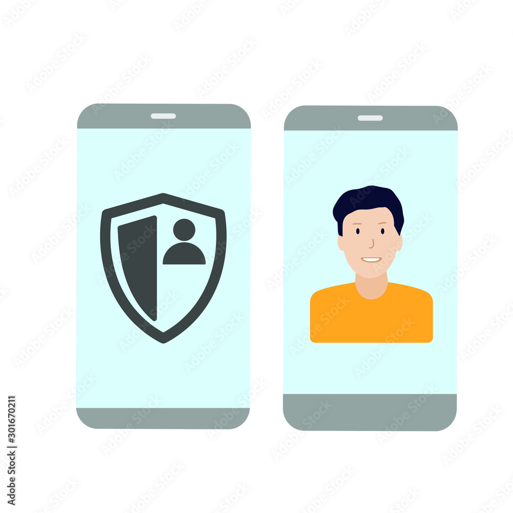 Set of colored icons with phone with person sign and shield Set of colored icons with phone with person sign and shield