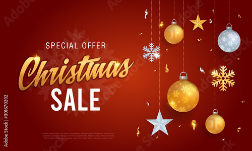 Christmas sale banner red background template with glitter gold elements, snowflakes, stars