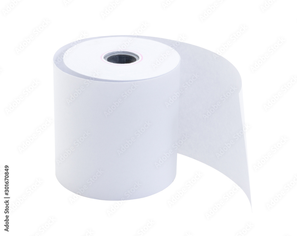 Roll of cash register tape ( slip receipt paper roll) isolated on white
