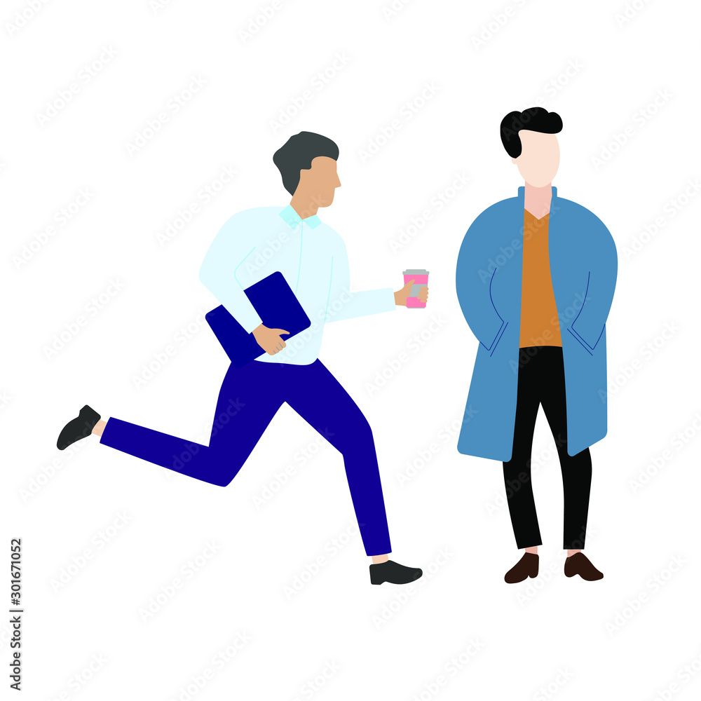 Set of flat cartoon characters isolated with man running, man in a raincoat Set of flat cartoon characters isolated with man running, man in a raincoat