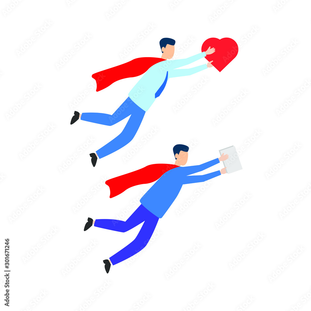 Set of flat cartoon characters isolated with two people in a superhero cloak