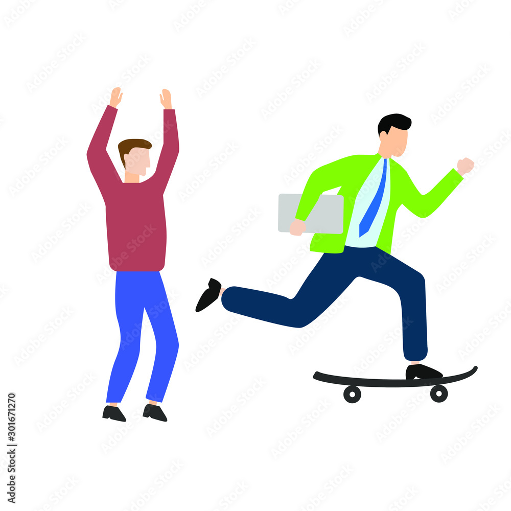 Set of flat cartoon characters isolated with man raised his hands up, man on a skateboard.