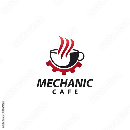 logo mechanic cafe, with cup and gear coffee vector