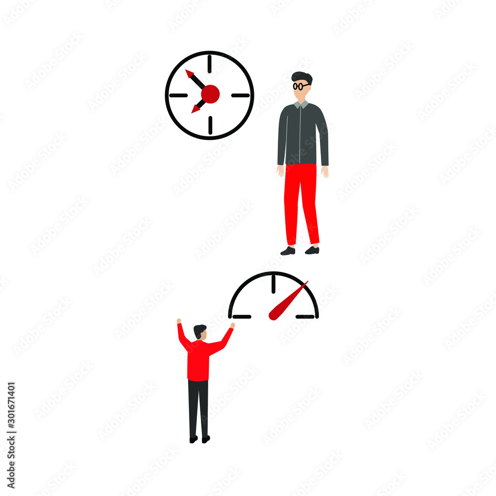 Set of flat cartoon characters isolated with man and speedometer, man and watch Set of flat cartoon characters isolated with man and speedometer, man and watch