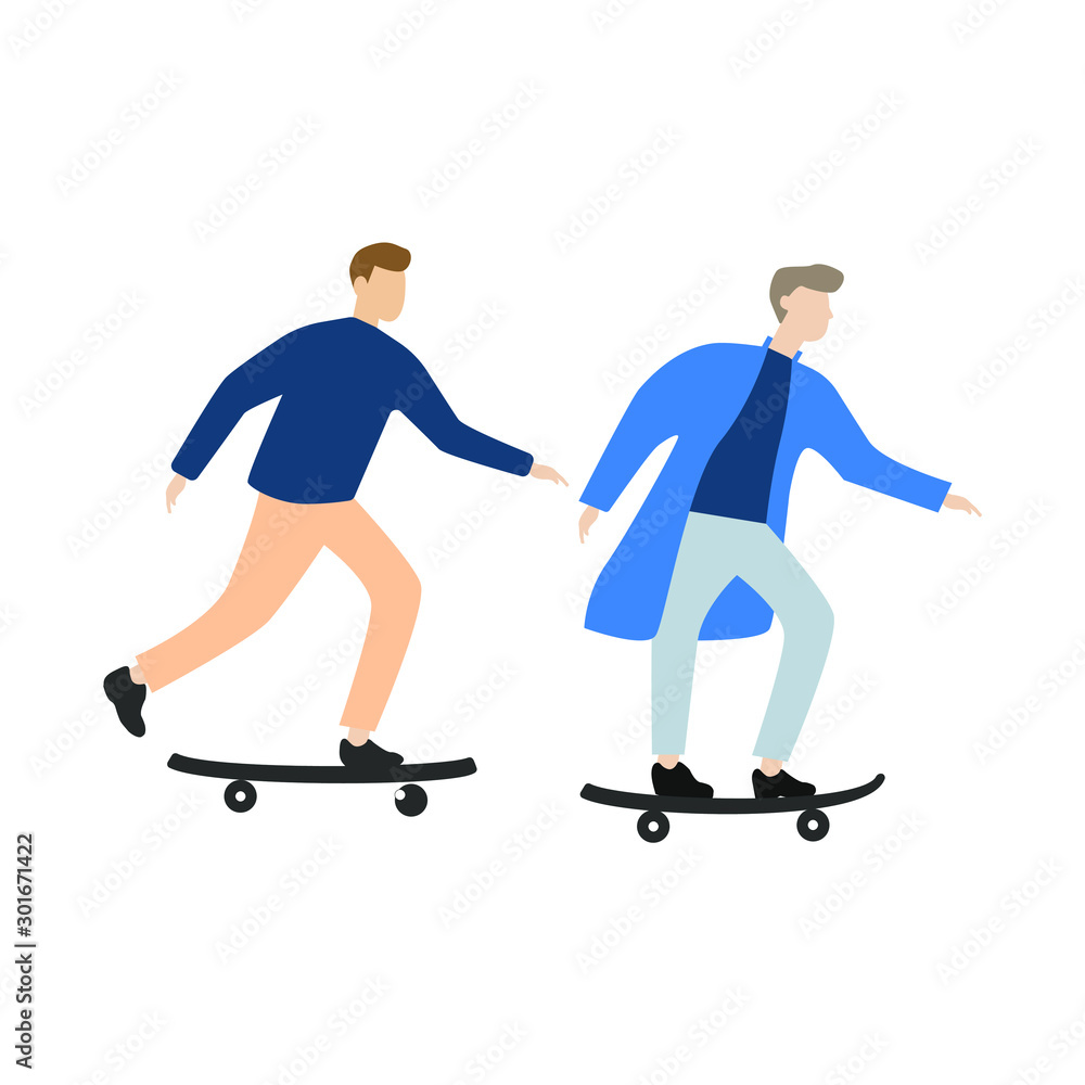 Set of flat cartoon characters isolated with two young people on skateboards Set of flat cartoon characters isolated with two young people on skateboards
