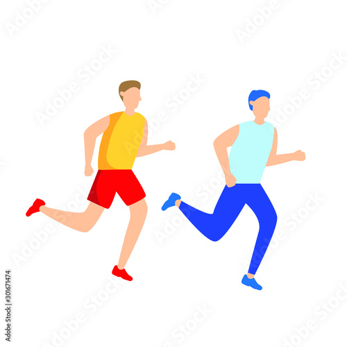 Set of flat cartoon characters isolated with two people running