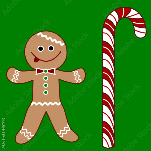 gingerbread man and christmas candy cane, vector clip art on green isolated background