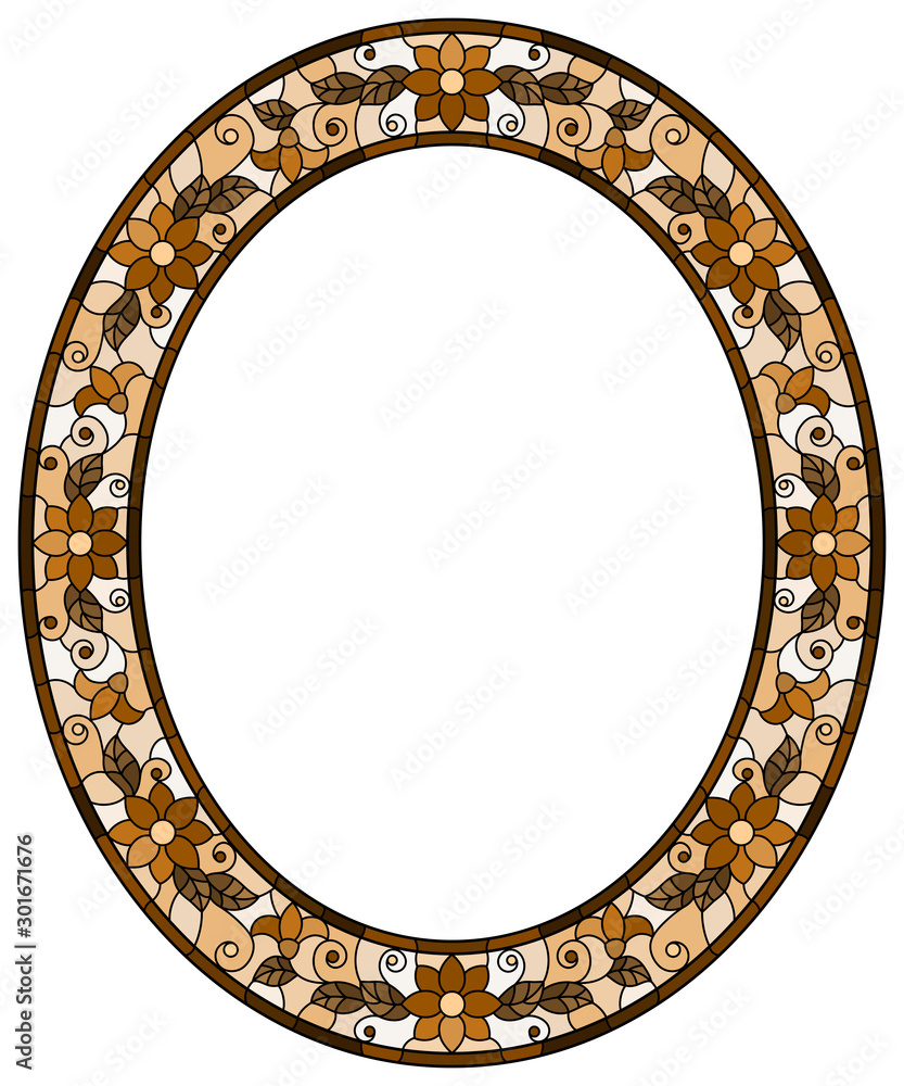 Illustration in stained glass style flower frame, brown flowers and leaves on a white background Illustration in stained glass style flower frame, brown flowers and leaves on a white background