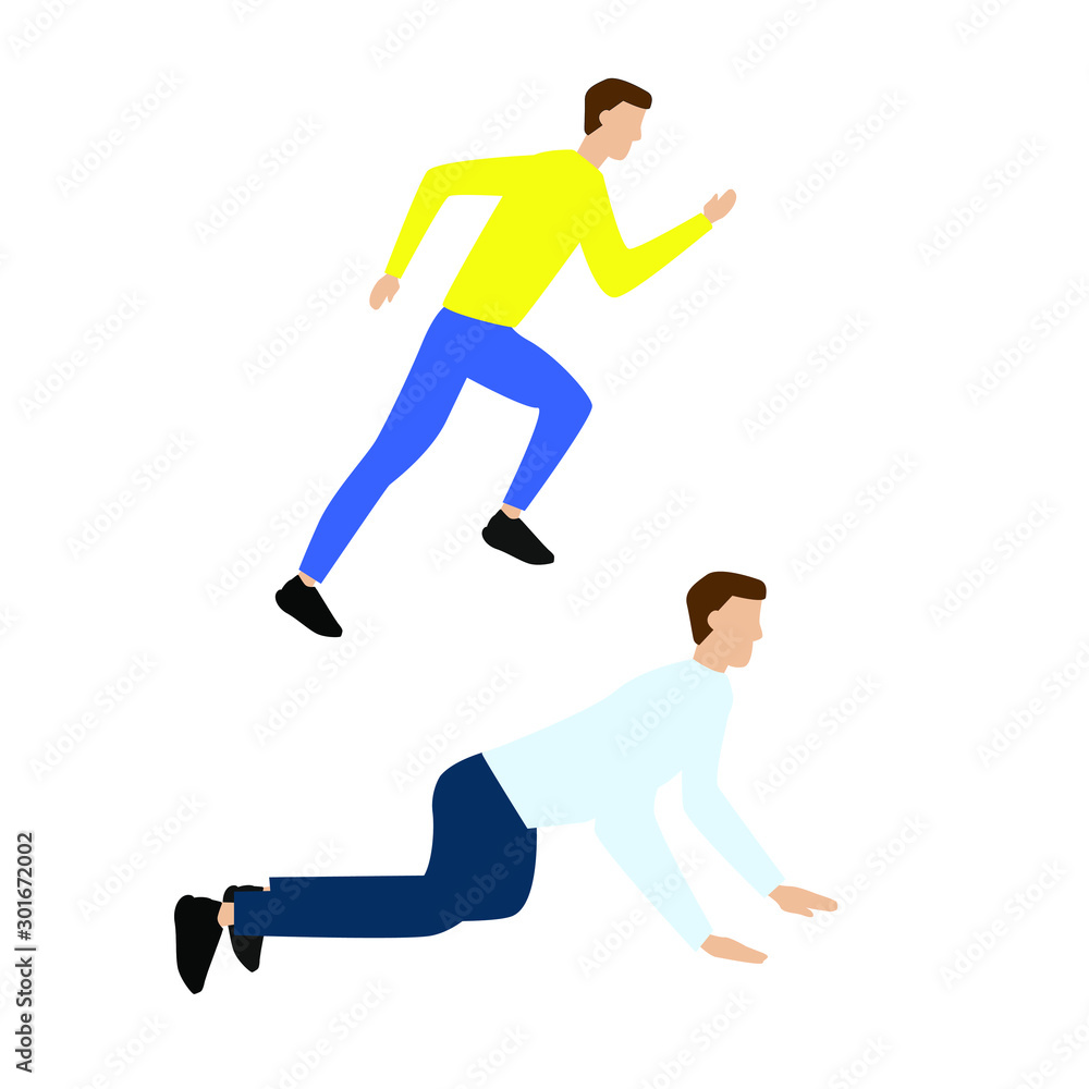 Set of flat cartoon characters isolated with man running, man crawling Set of flat cartoon characters isolated with man running, man crawling