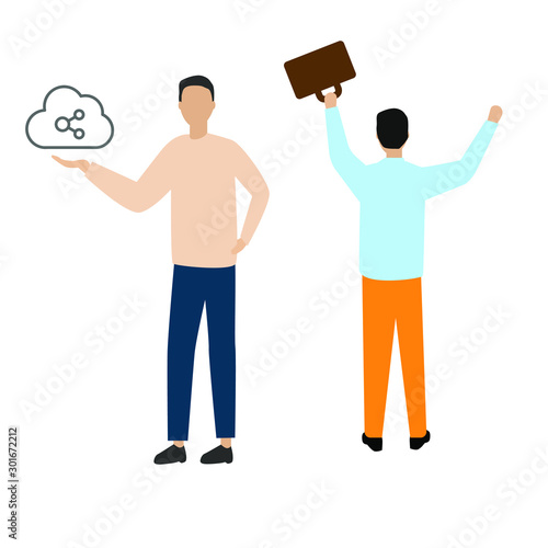 Set of flat cartoon characters isolated with man and cloud, man rejoices