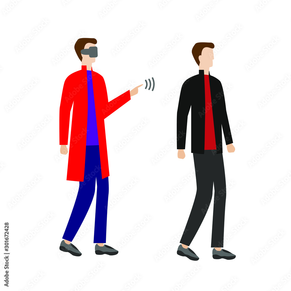  Set of flat cartoon characters isolated with man wearing virtual reality glasses, man stands.